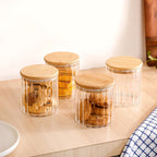 Borosilicate Airtight Glass Jar With Wooden Lid Set Of 4 Ribbed Design 610ml Nestasia