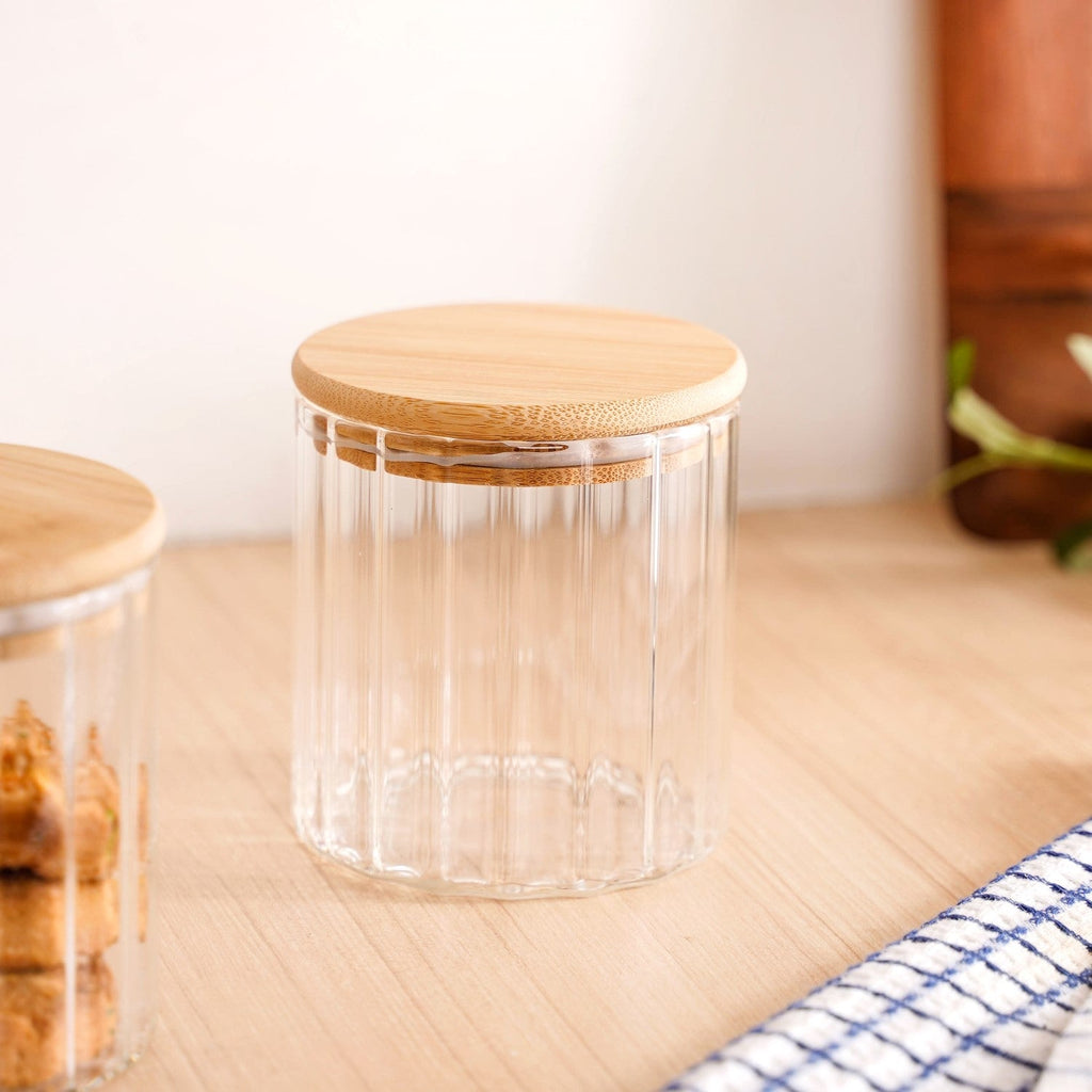 Borosilicate Airtight Glass Jar With Wooden Lid Set Of 4 Ribbed Design 610ml Nestasia