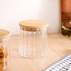Borosilicate Airtight Glass Jar With Wooden Lid Set Of 4 Ribbed Design 610ml Nestasia