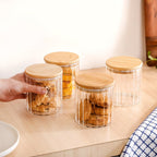 Borosilicate Airtight Glass Jar With Wooden Lid Set Of 4 Ribbed Design 610ml Nestasia