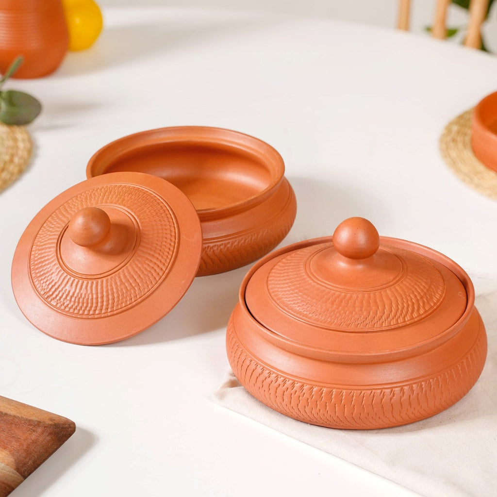 Set Of 2 Engraved Terracotta Serving Bowls With Lid 1400ml Nestasia