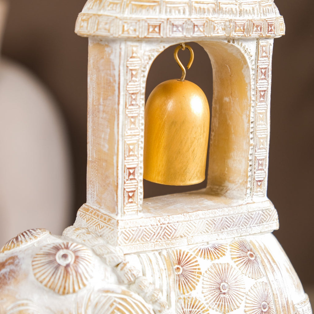 Decorated Elephant With Gold Bell Showpiece White Nestasia