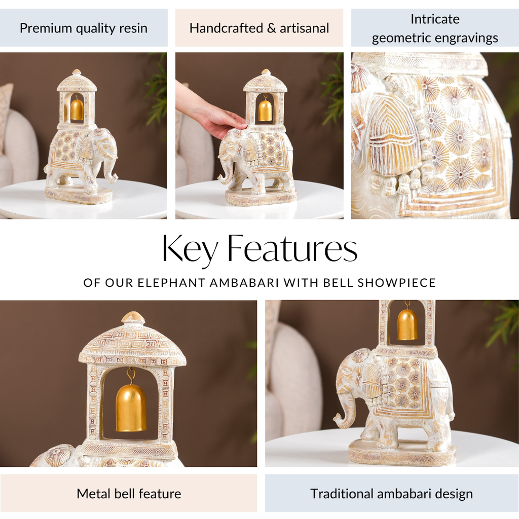 Decorated Elephant With Gold Bell Showpiece White Nestasia