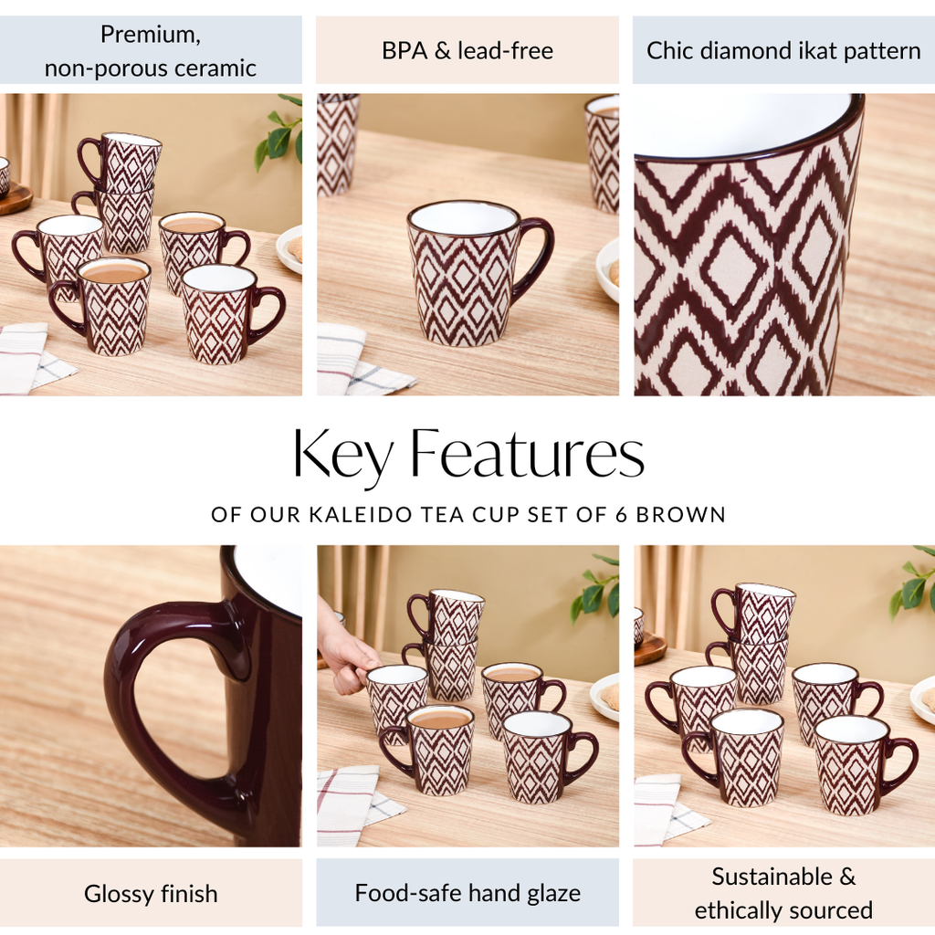 Kaleido Ceramic Tea Cup Set Of 6 Brown 250ml Nestasia