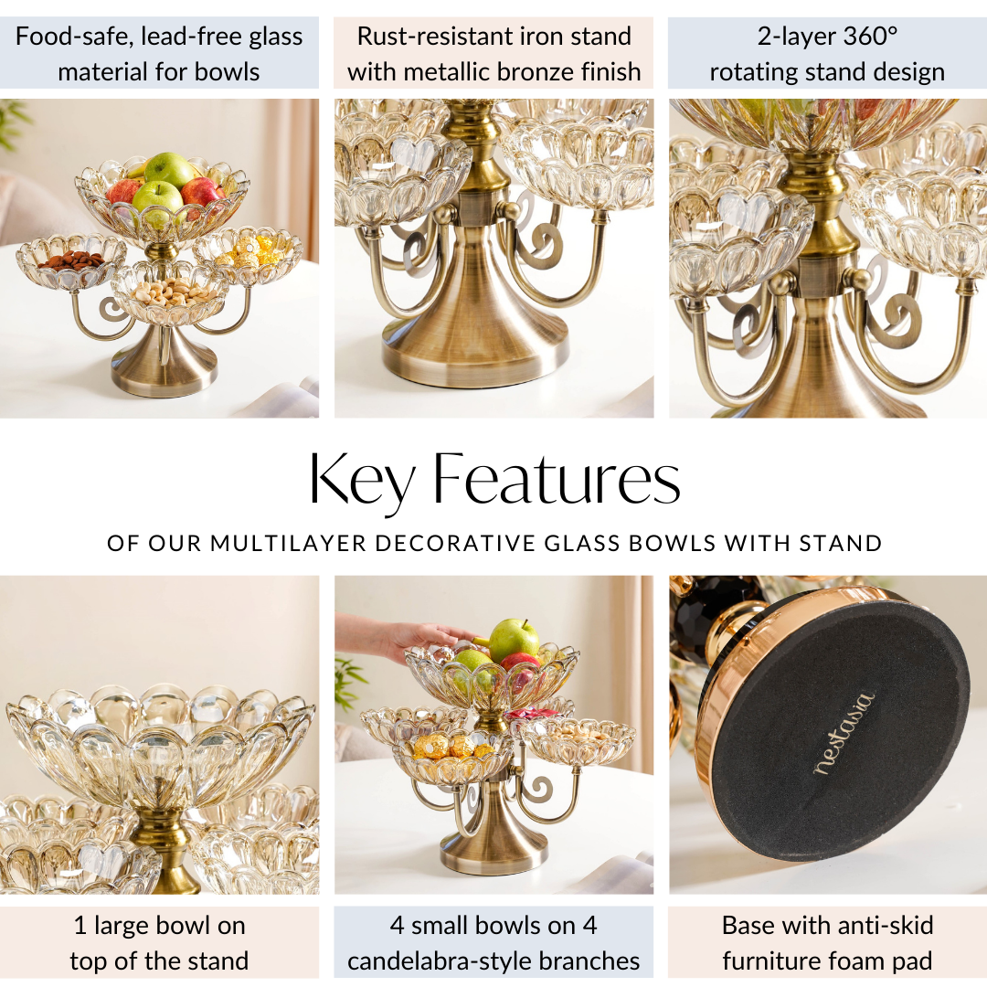 Multilayer Decorative Rotating Glass Bowls Set of 5 With Stand Nestasia
