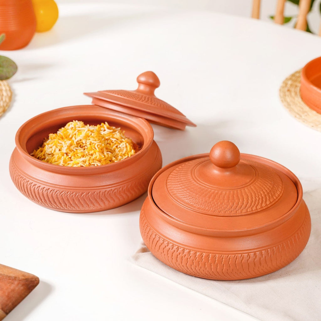 Set Of 2 Engraved Terracotta Serving Bowls With Lid 1400ml Nestasia
