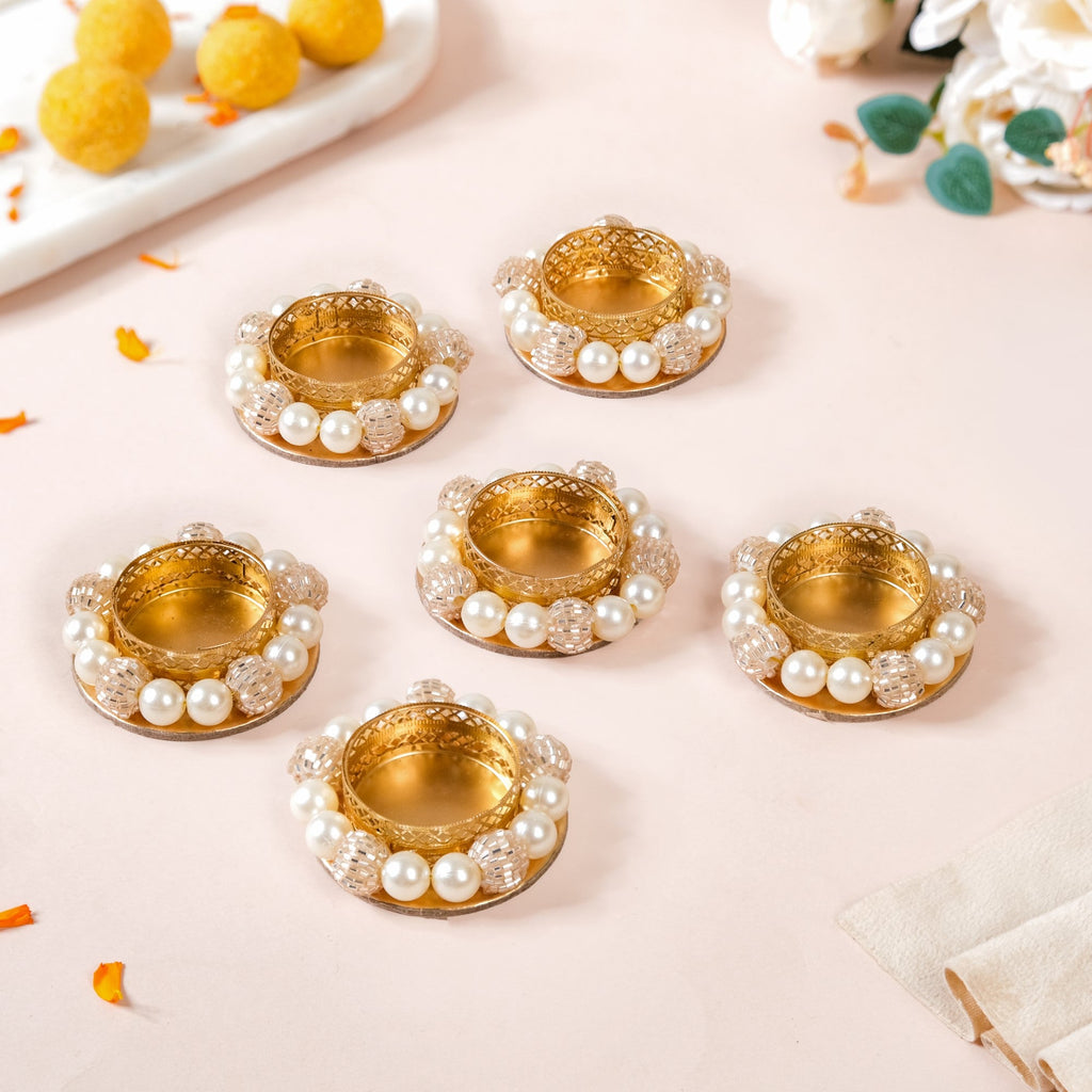 Set Of 6 Artificial Champagne Pearl Tealight Holders Nestasia