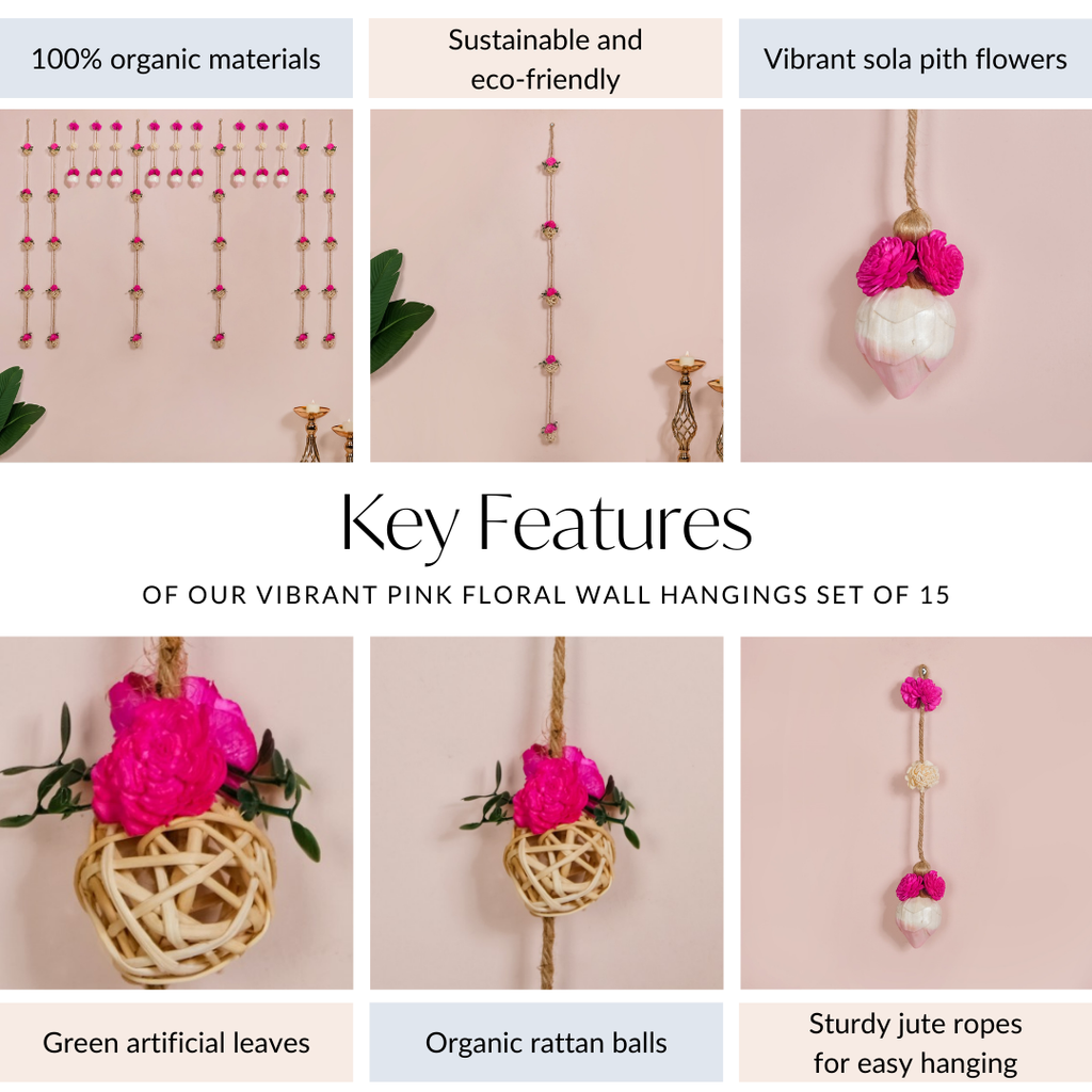 Vibrant Pink Floral Wall Hangings Set Of 15 Nestasia