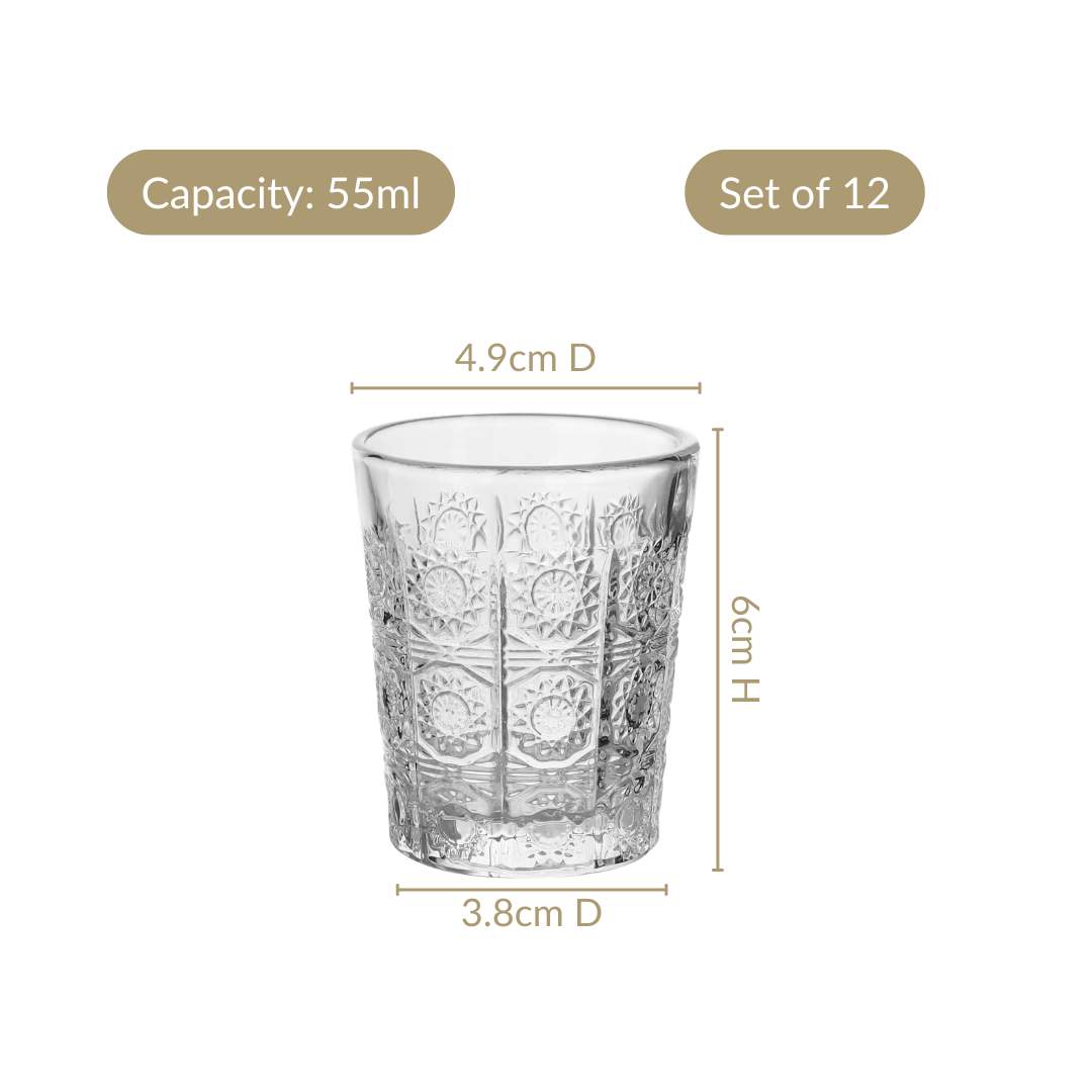 Sunburst Embossed Shot Glass Set Of 12 55ml Nestasia