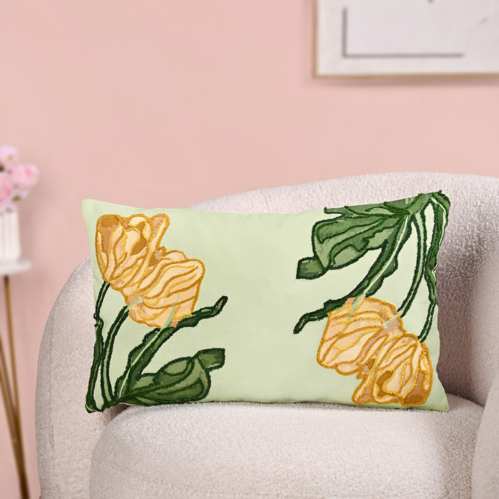 Sunlit Tulip Embroidered Cotton Cushion 50x30cm Nestasia