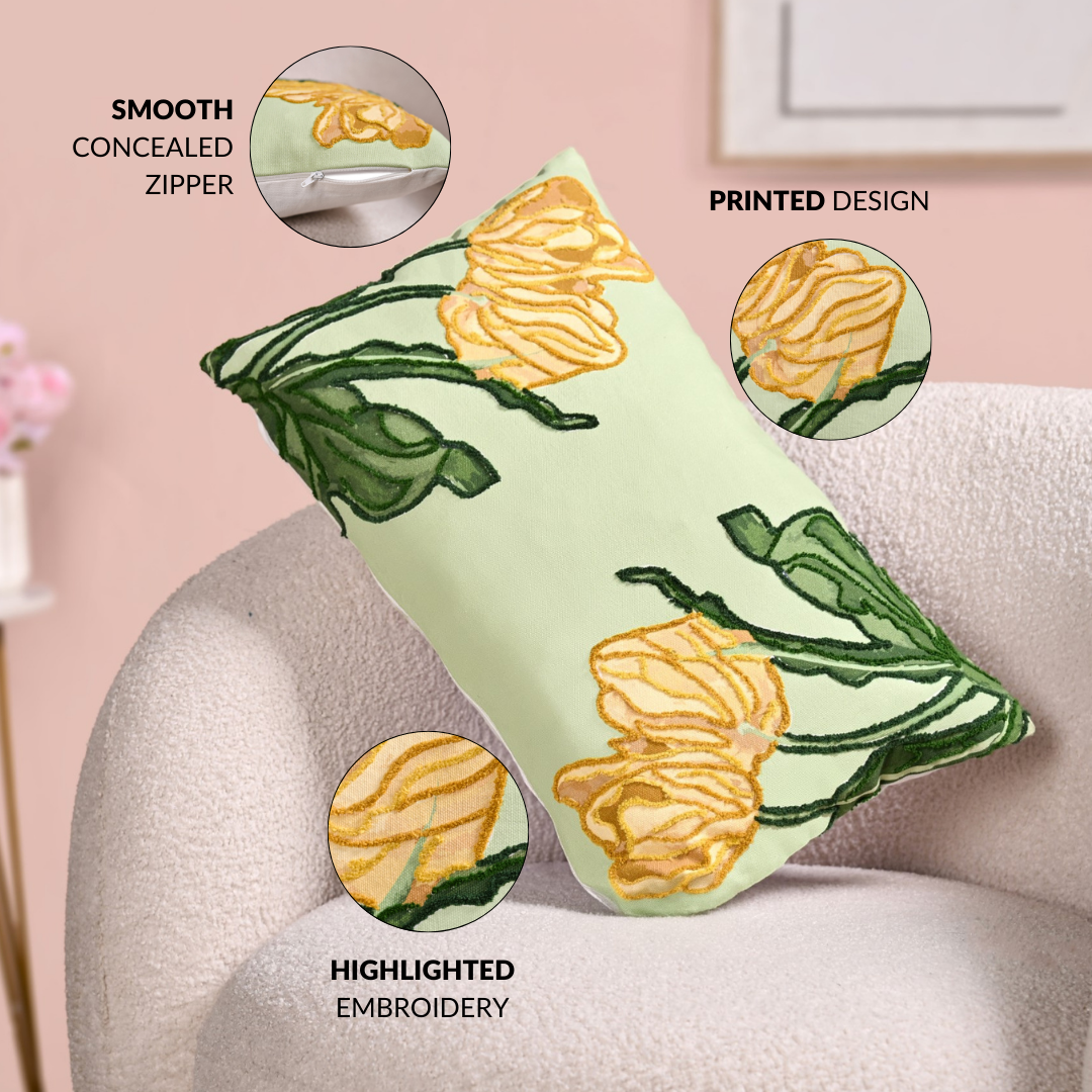 Sunlit Tulip Embroidered Cotton Cushion 50x30cm Nestasia