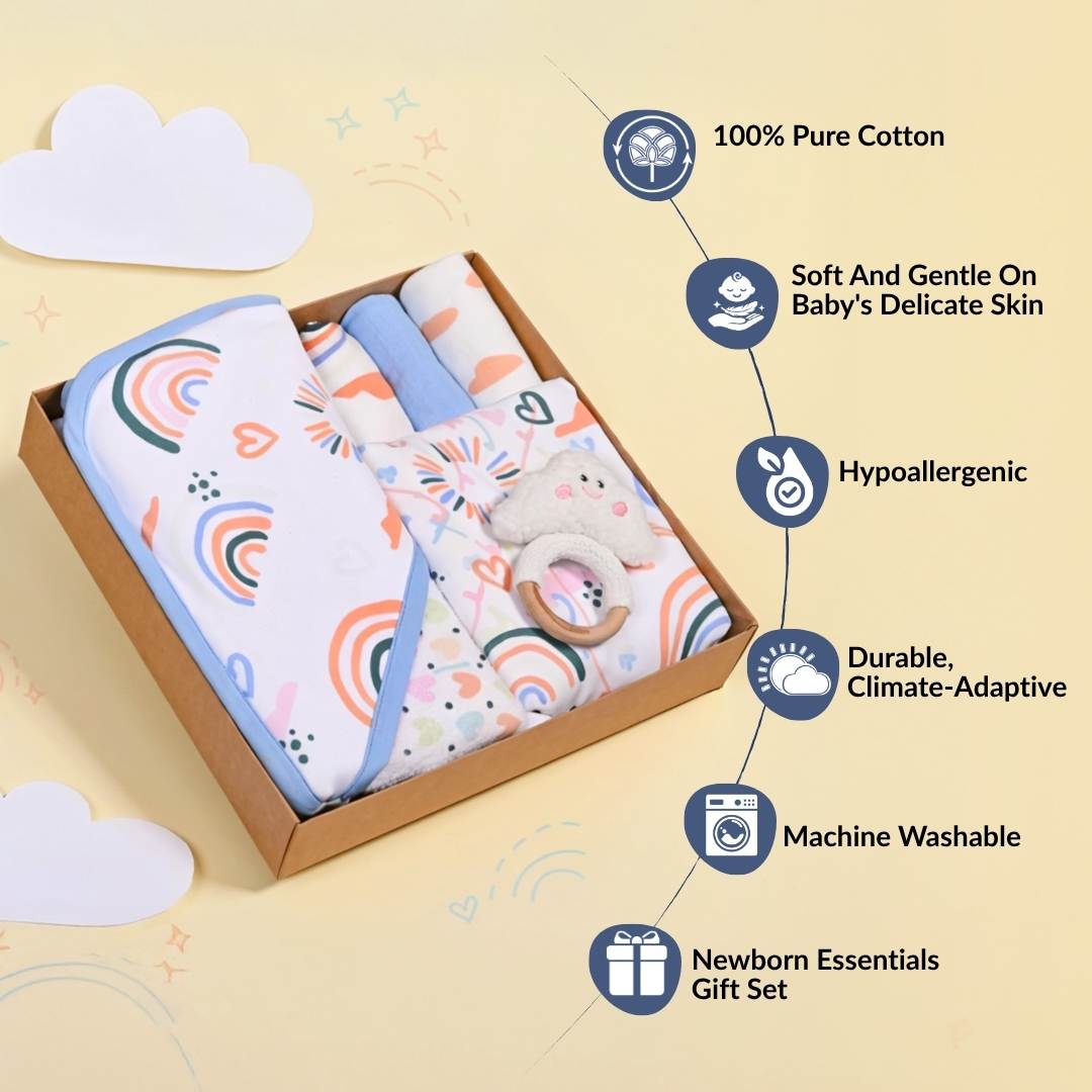 Rainbow Toddler Gift Hamper With Swaddle Towel Napkin Rattle Set Of 6 Nestasia