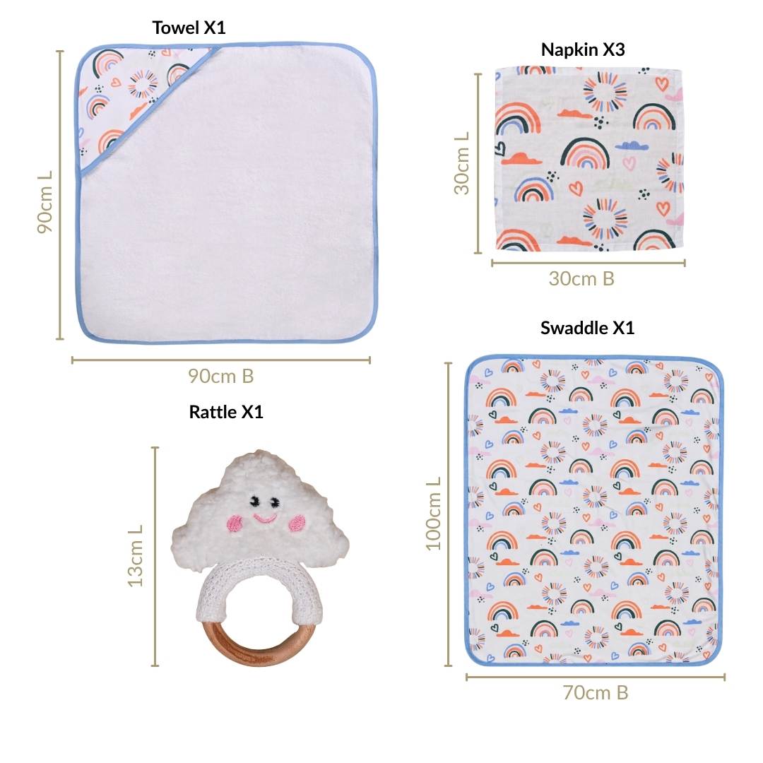 Rainbow Toddler Gift Hamper With Swaddle Towel Napkin Rattle Set Of 6 Nestasia