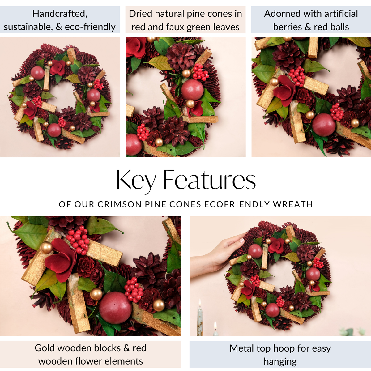 Crimson Pine Cones Ecofriendly Wreath Nestasia