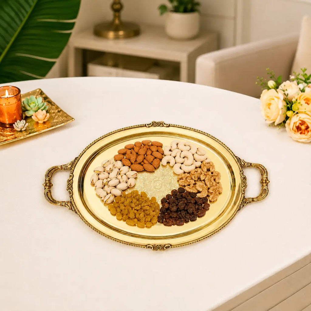 Brass Handcrafted Tray / Platter with Handle Vedansh Craft