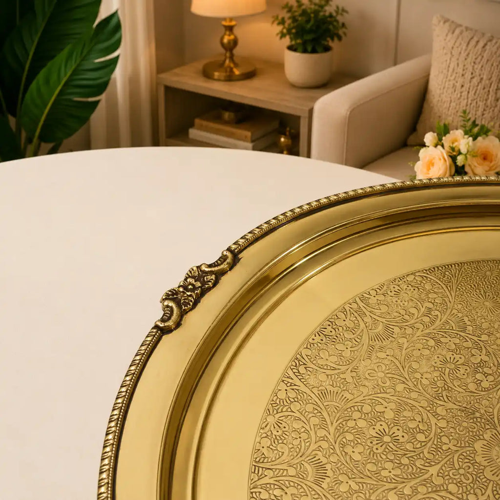 Brass Handcrafted Tray / Platter with Handle Vedansh Craft