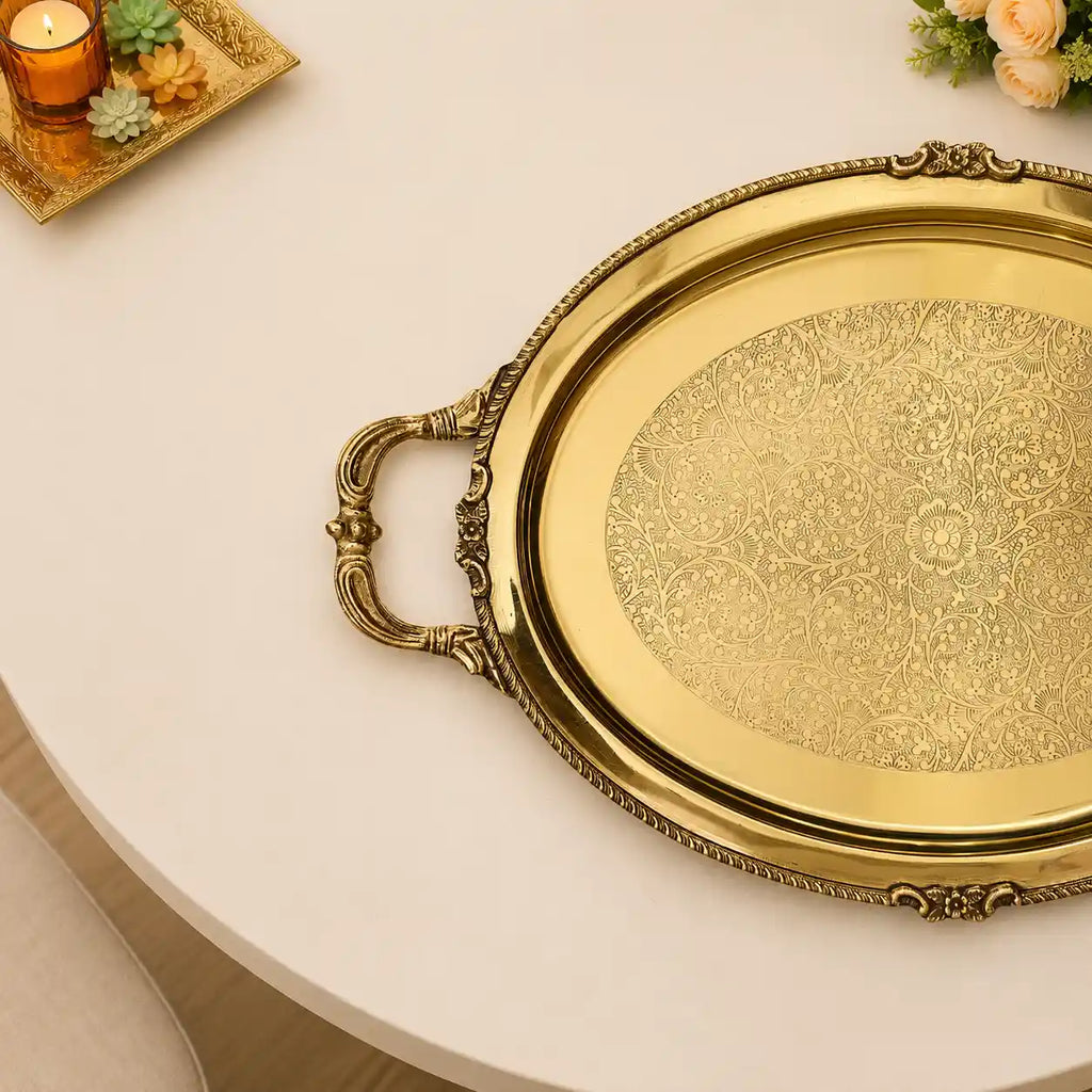 Brass Handcrafted Tray / Platter with Handle Vedansh Craft