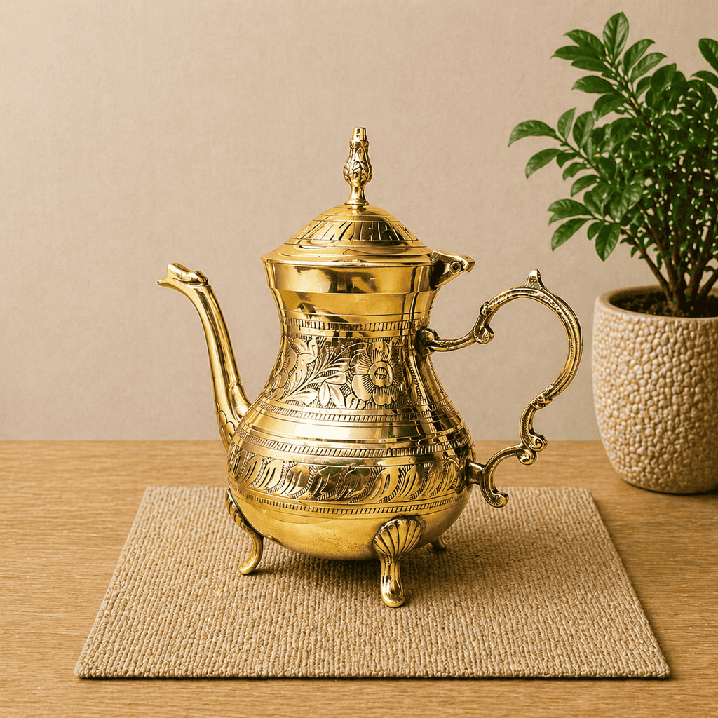 Brass Leaf Design Mughlai Tea Pot with Lid Vedansh Craft