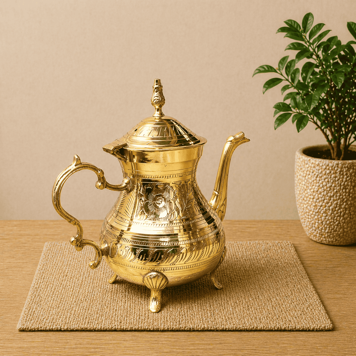 Brass Leaf Design Mughlai Tea Pot with Lid Vedansh Craft