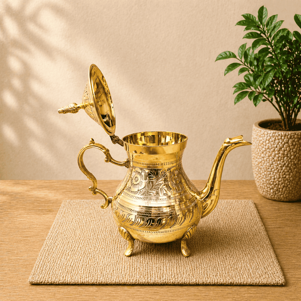 Brass Leaf Design Mughlai Tea Pot with Lid Vedansh Craft