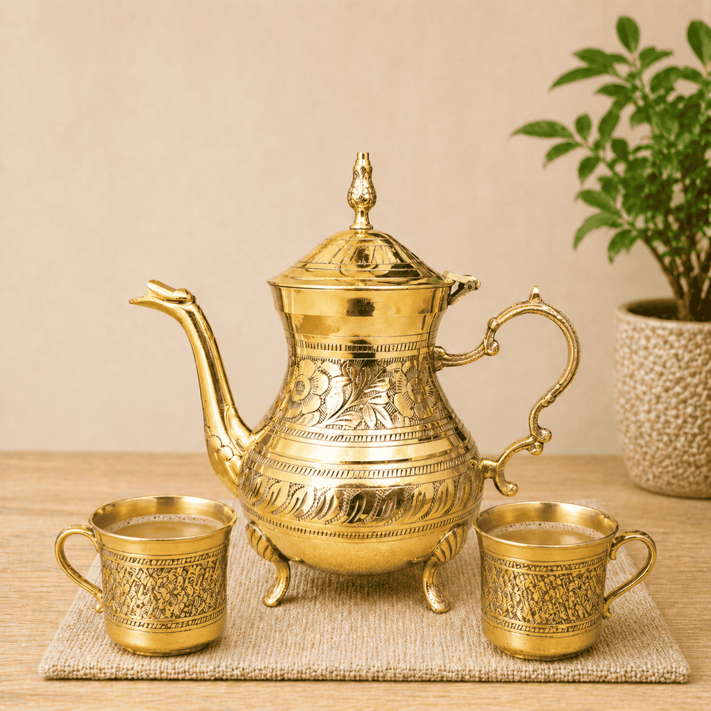 Brass Leaf Design Mughlai Tea Pot with Lid Vedansh Craft
