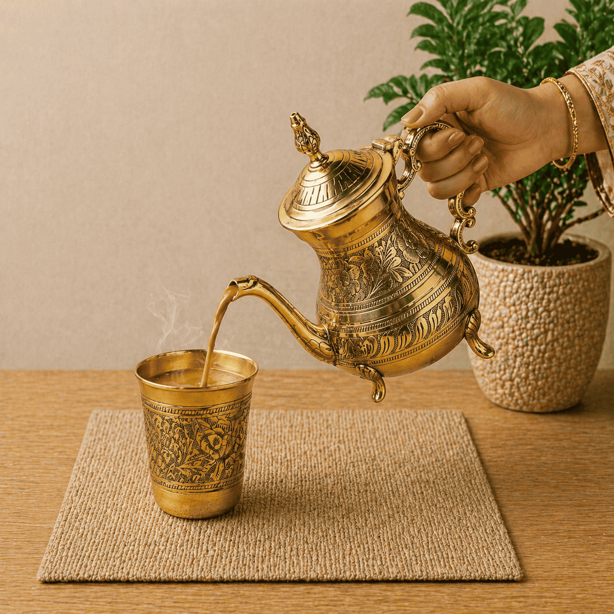 Brass Leaf Design Mughlai Tea Pot with Lid Vedansh Craft