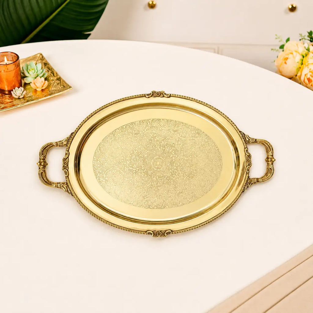 Brass Handcrafted Tray / Platter with Handle Vedansh Craft