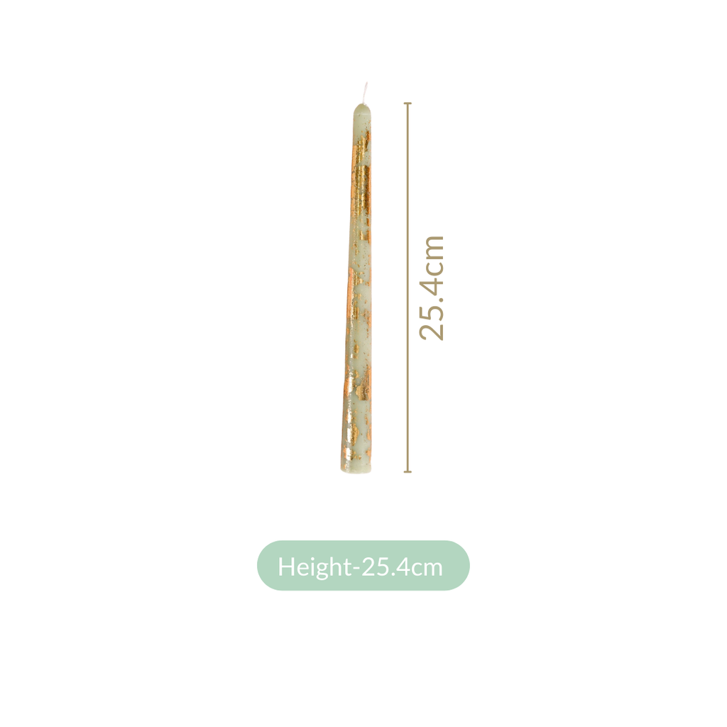 Taper Candles Sage Green With Gold Leaf Design Set Of 8 Nestasia