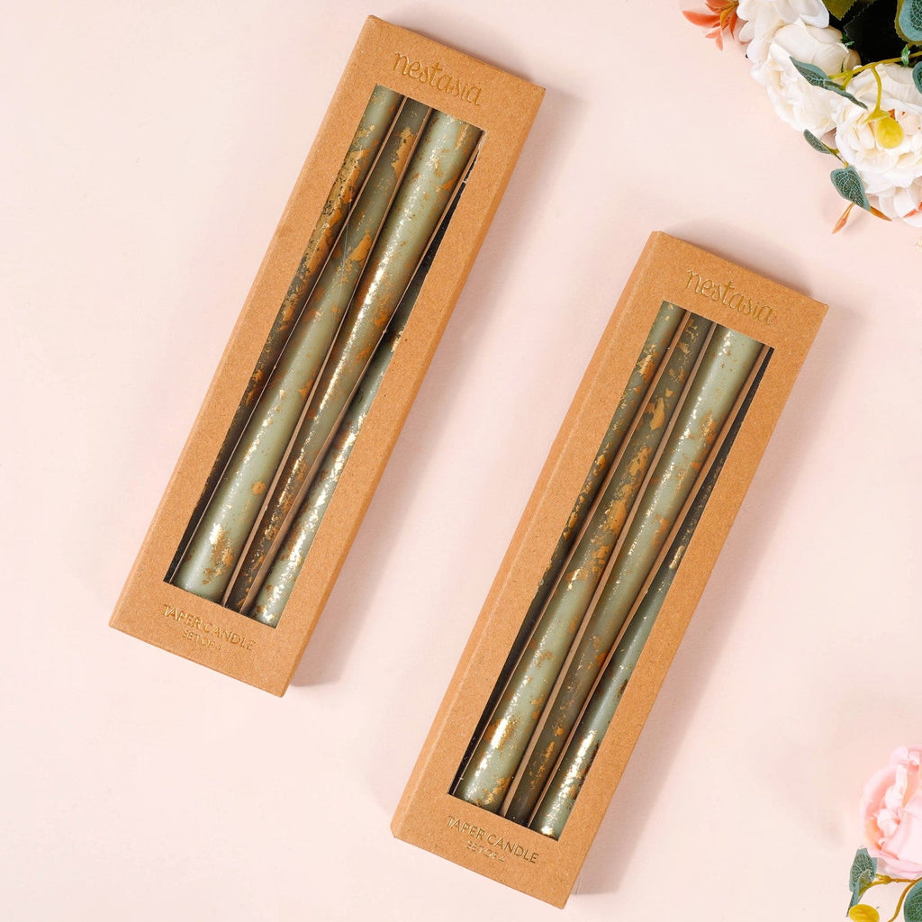 Taper Candles Sage Green With Gold Leaf Design Set Of 8 Nestasia