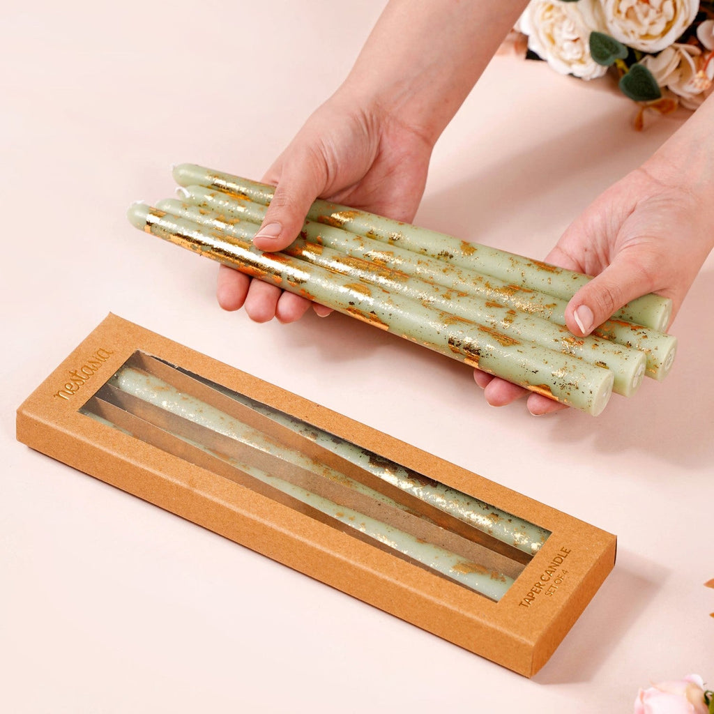 Taper Candles Sage Green With Gold Leaf Design Set Of 8 Nestasia