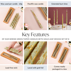 Taper Candles Sage Green With Gold Leaf Design Set Of 8 Nestasia
