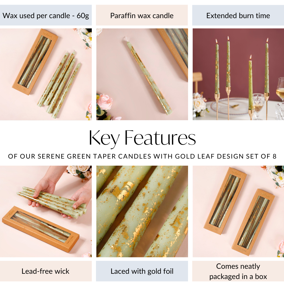 Taper Candles Sage Green With Gold Leaf Design Set Of 8 Nestasia
