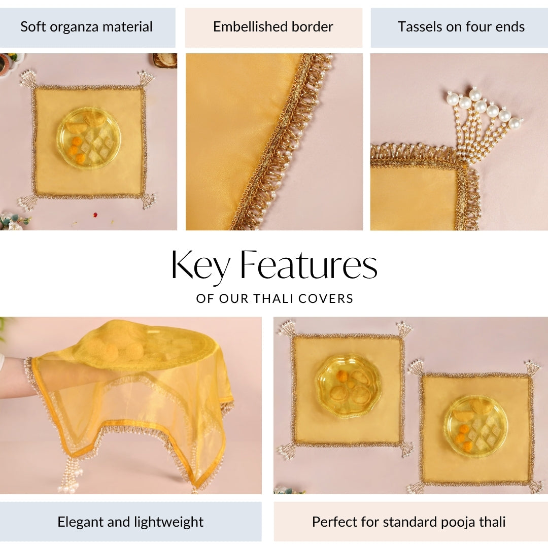 Tasselled Organza Thali Cover Yellow Set Of 2 Nestasia