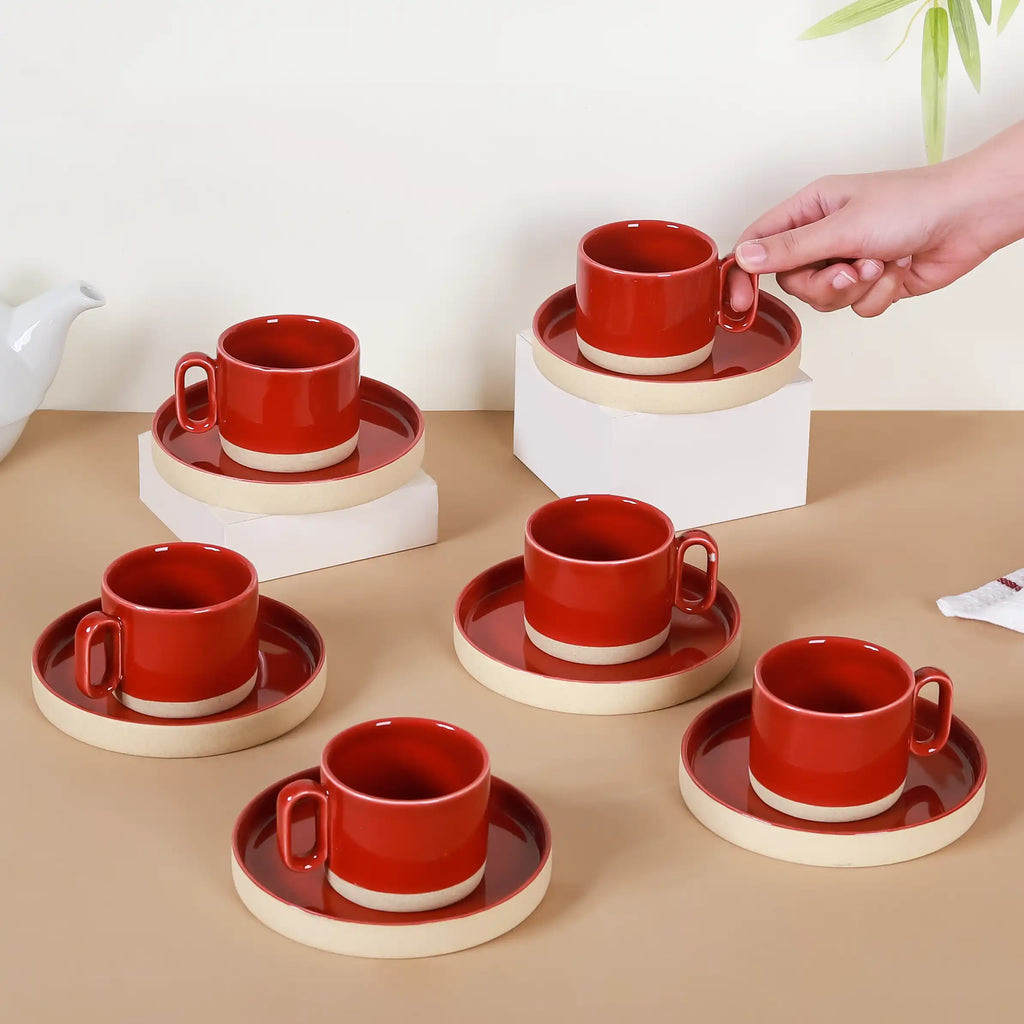 Chic Minimalist Tea Cup And Saucer Set Of 6 Maroon 100ml Nestasia