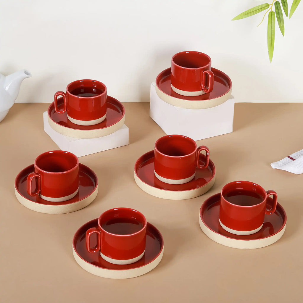 Chic Minimalist Tea Cup And Saucer Set Of 6 Maroon 100ml Nestasia