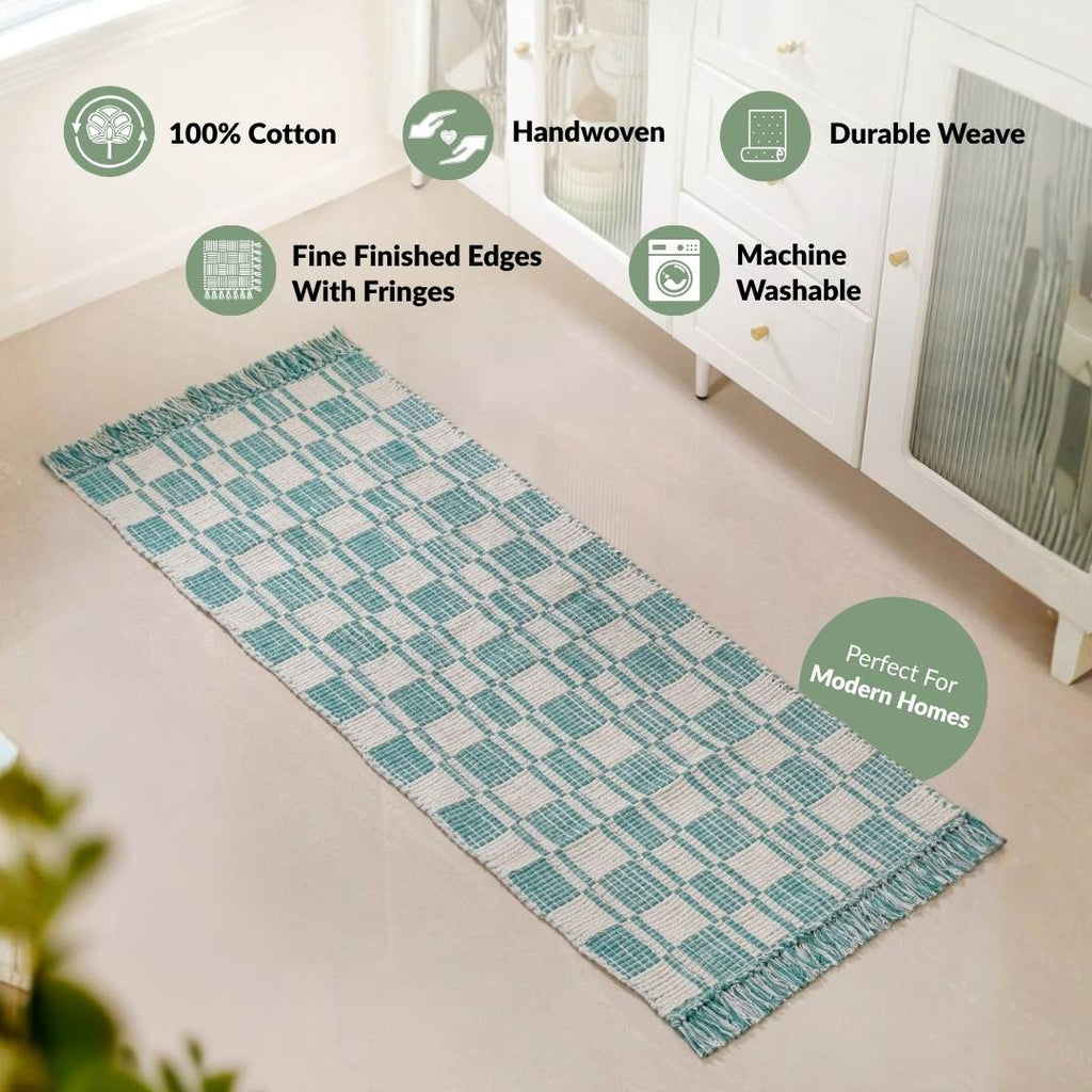 Teal Tide Fringe Cotton Floor Runner 130x50cm Nestasia