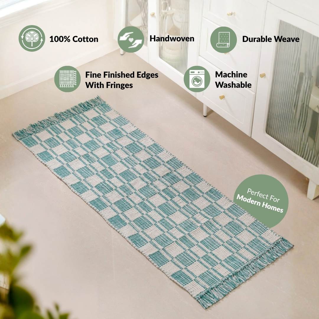 Teal Tide Fringe Cotton Floor Runner 130x50cm Nestasia