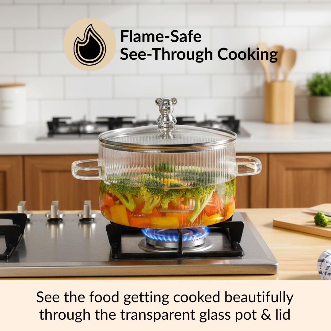 Bear Lid Borosilicate Glass Cooking Pot 1600ml Nestasia