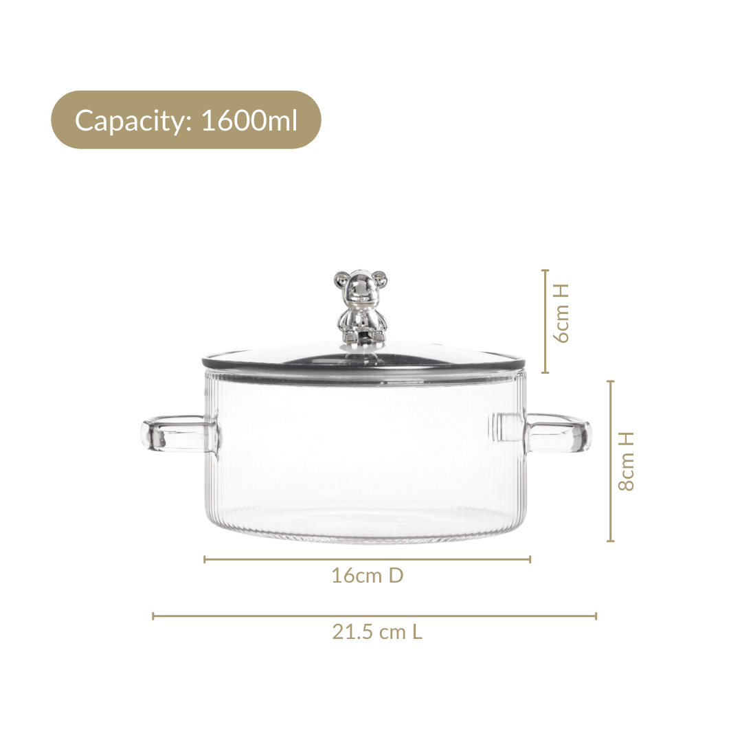 Bear Lid Borosilicate Glass Cooking Pot 1600ml Nestasia