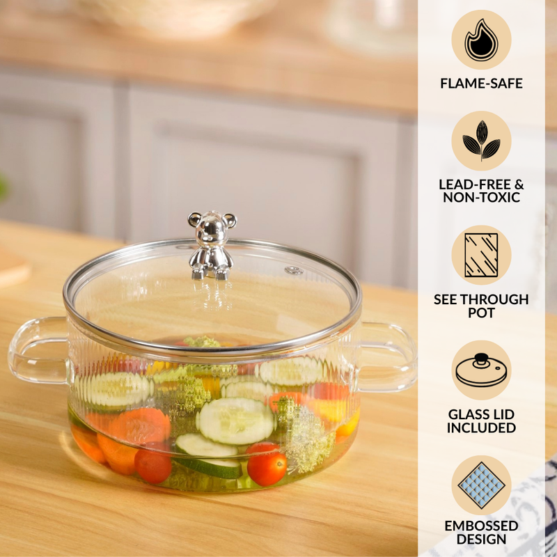 Bear Lid Borosilicate Glass Cooking Pot 1600ml Nestasia
