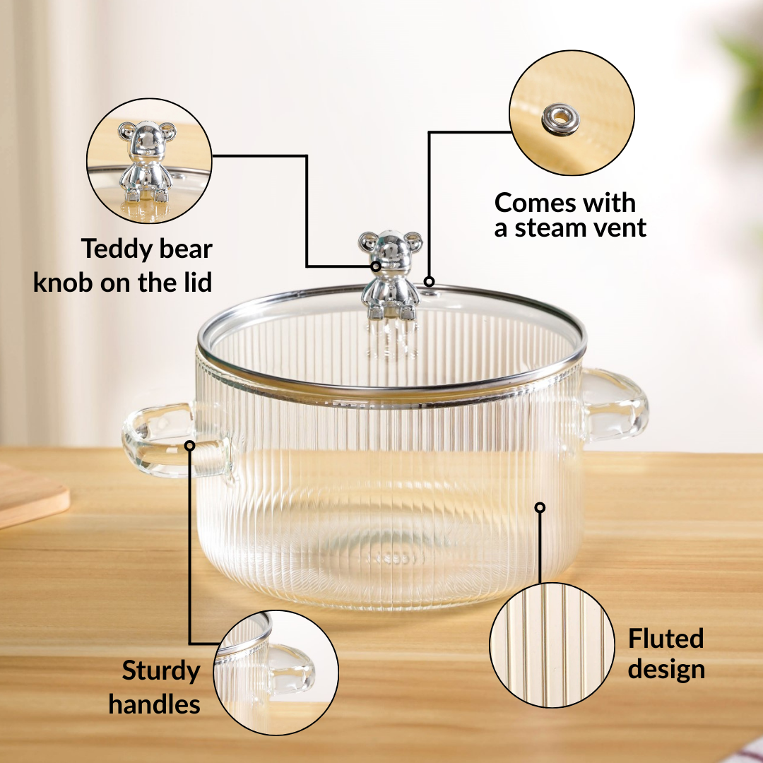 Bear Lid Borosilicate Glass Cooking Pot 1600ml Nestasia