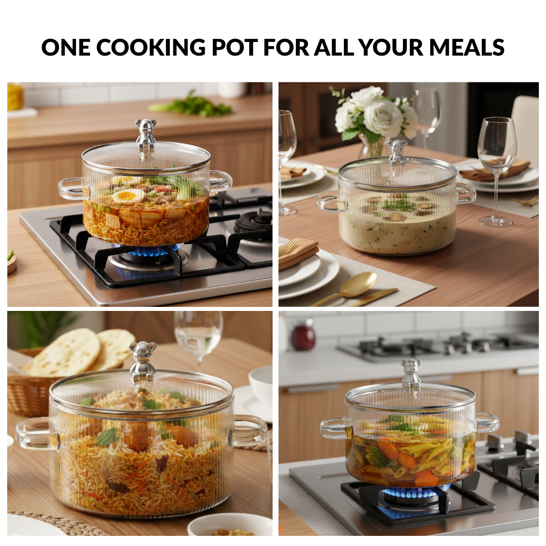 Bear Lid Borosilicate Glass Cooking Pot 1600ml Nestasia