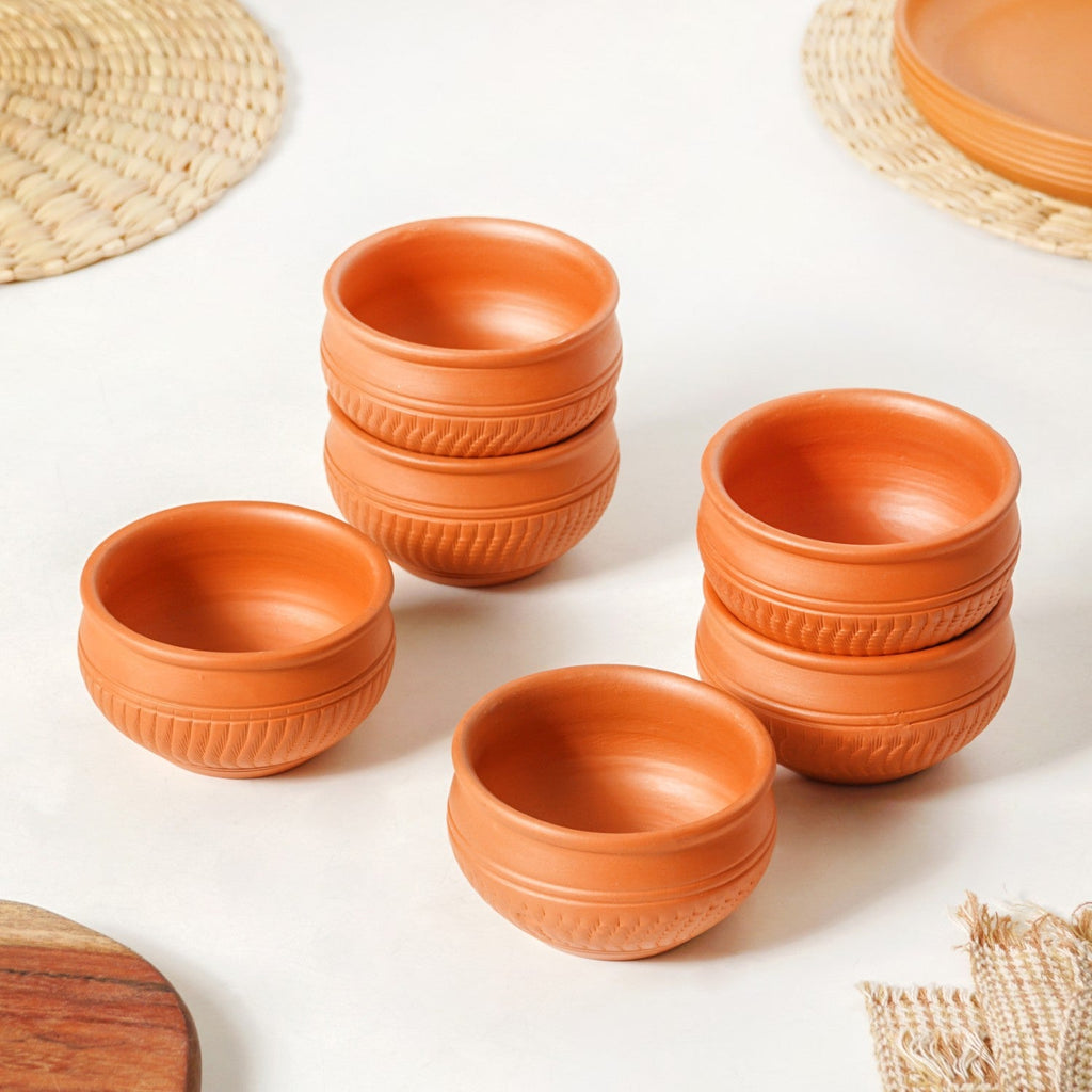 Artisanal Engraved Terracotta Bowls Set Of 6 170ml Nestasia