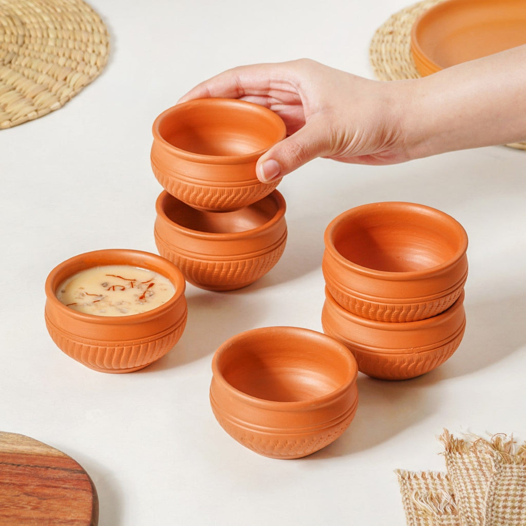 Artisanal Engraved Terracotta Bowls Set Of 6 170ml Nestasia