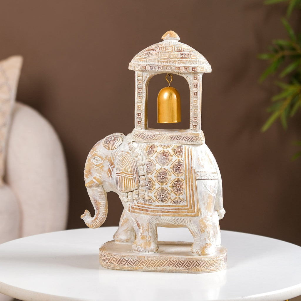 Decorated Elephant With Gold Bell Showpiece White Nestasia