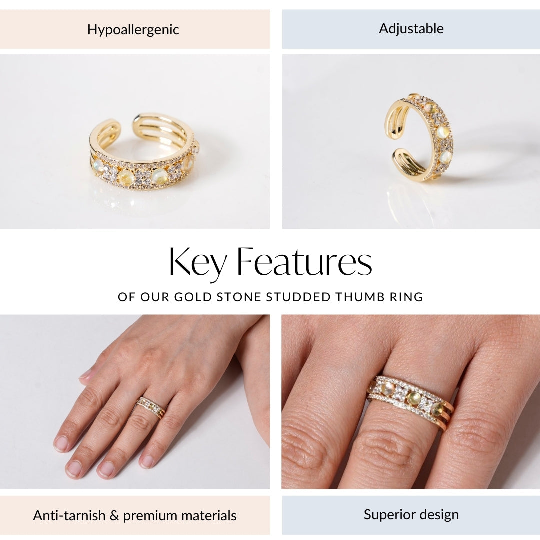Gold Stone Studded Thumb Ring Nestasia