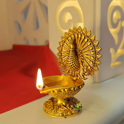 Brass Peacock Diya Oil Lamp for Pooja & Home Decor |Festival Gift Item|Premium Brass Peacock Diya for Puja  (Yellow, 3 Inches)