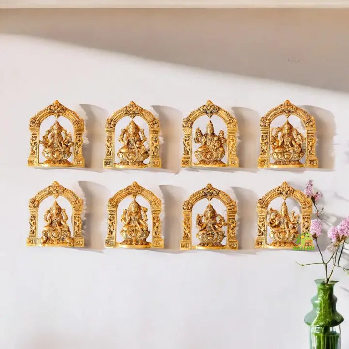 "Handcrafted Brass Ashtalakshmi Wall Hanging | "Pure Brass Ashtalakshmi Idol Wall Decor (Yellow 9 inch)