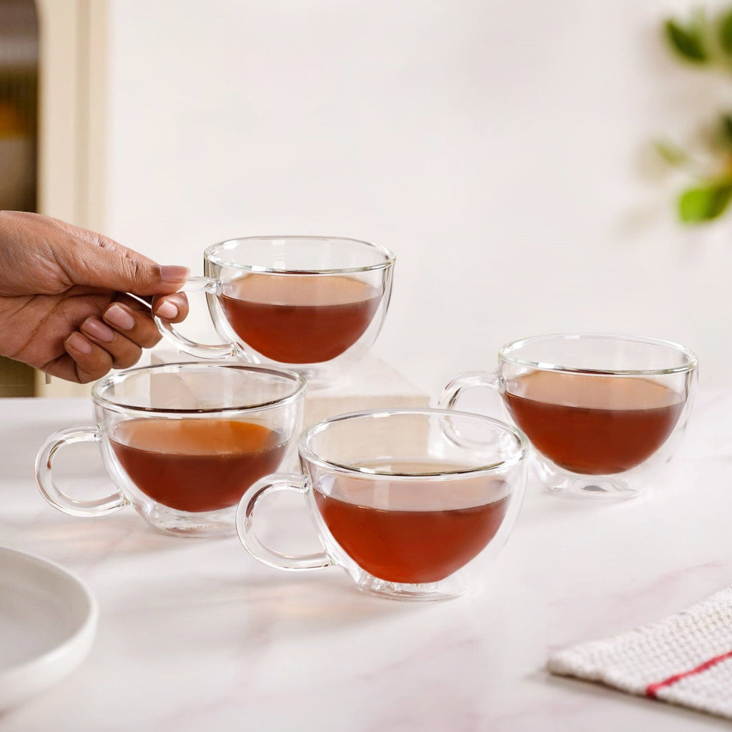 Cafe Style Glass Double Wall Tea Coffee Cup Set Of 4 190ml Nestasia