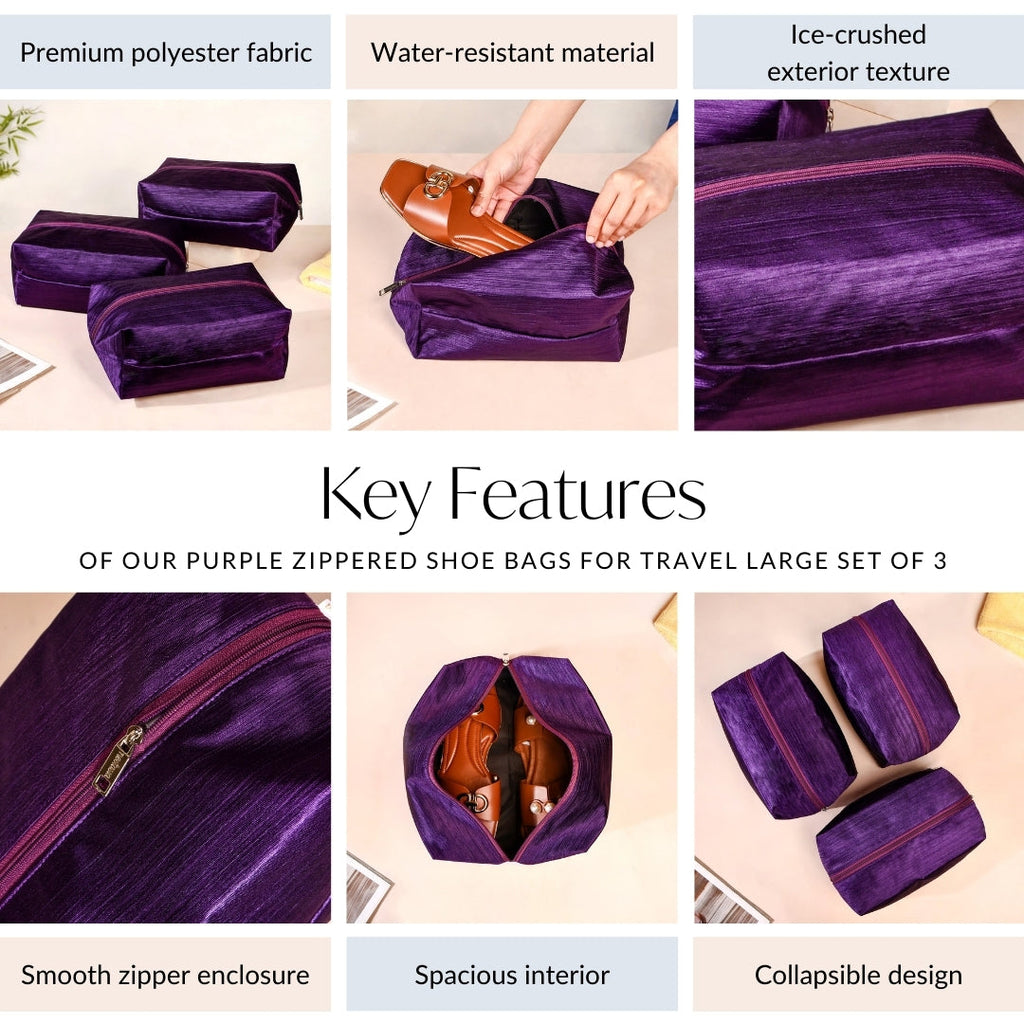 Purple Zippered Shoe Bags For Travel Large Set Of 3 Nestasia